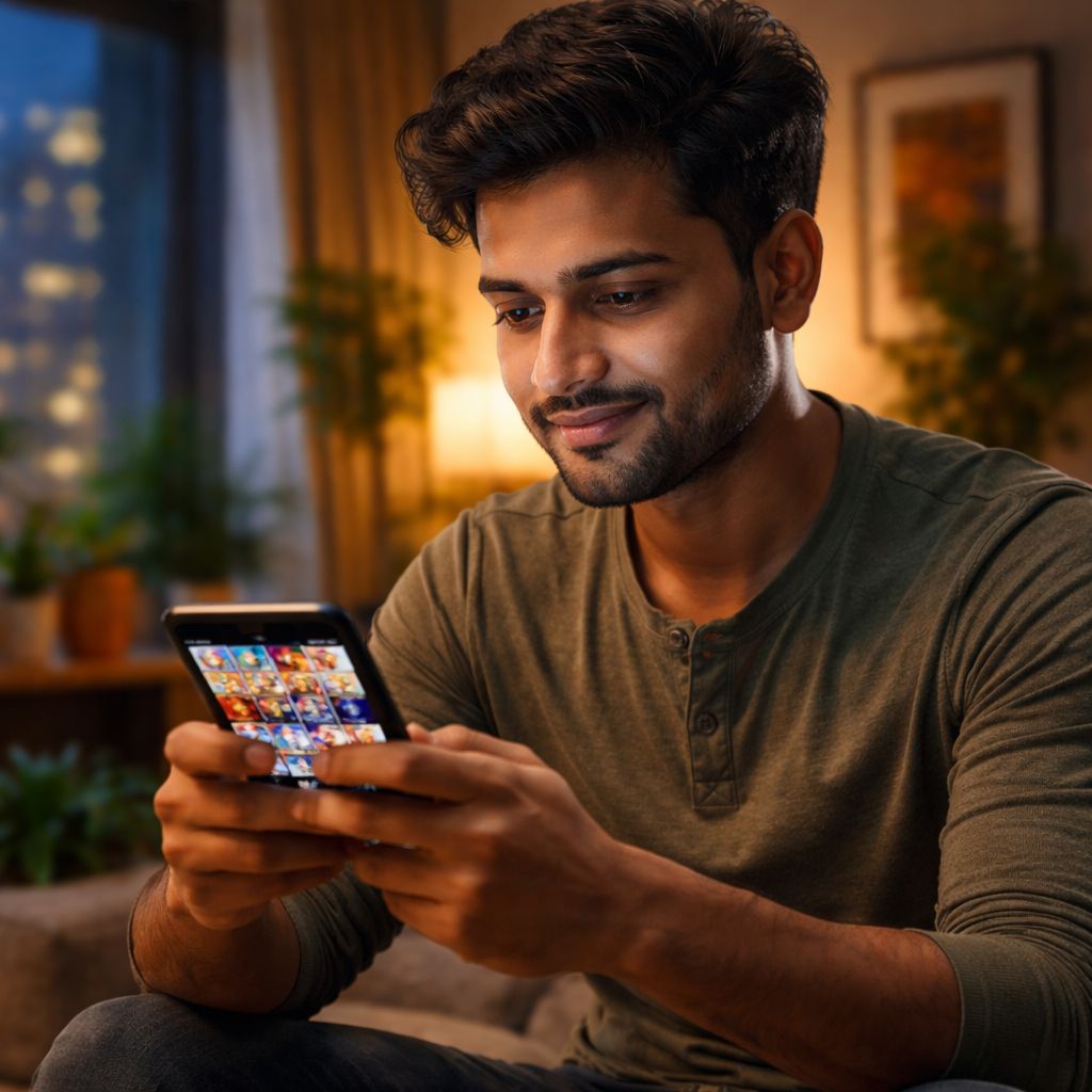 একজন OKEGO খেলোয়াড় স্মার্টফোনে ক্যাসিনো লবি ব্রাউজ করছেন