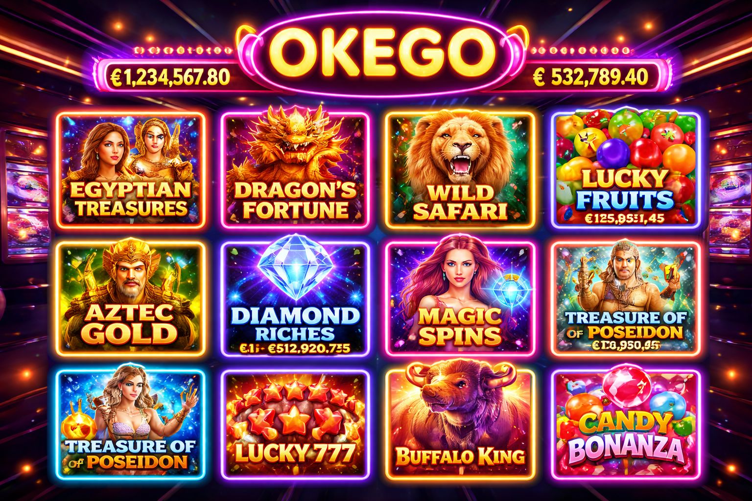 OKEGO slot library showing top titles and jackpot counters