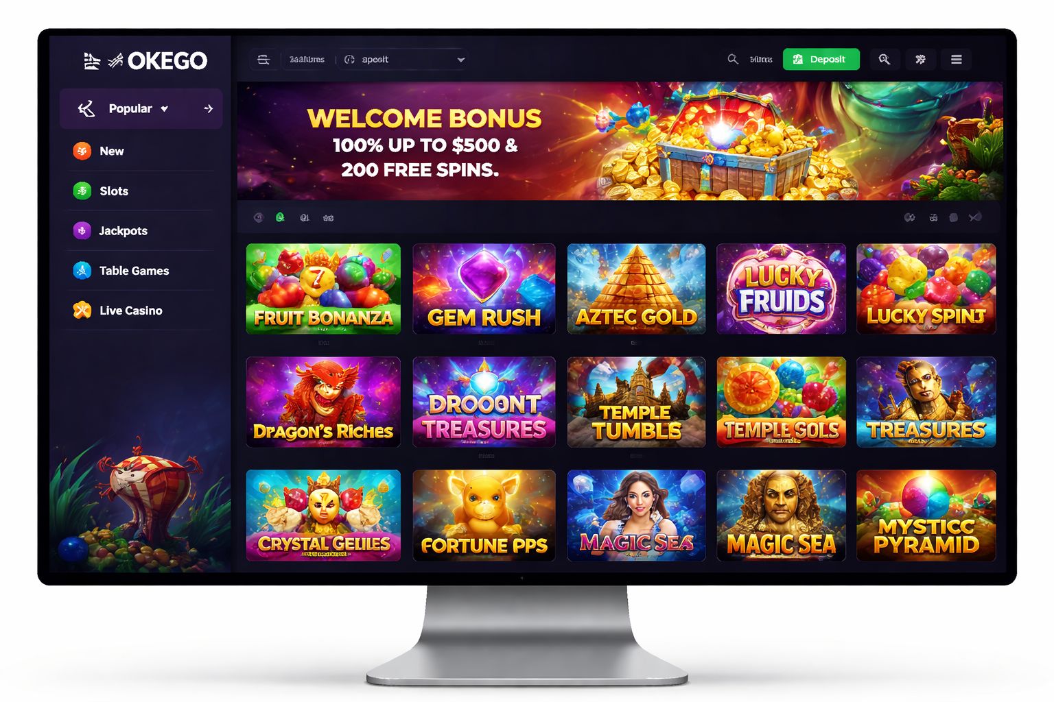 OKEGO slots lobby with popular game thumbnails